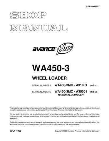 Unlock the full potential of your KOMATSU WA450-3MC Wheel Loader with the comprehensive Shop Manual (CEBM003602) in PDF format. This essential resource is designed for models A31001 & UP and A35001 & UP, providing detailed insights into maintenance, troubleshooting, and repair procedures. With easy navigation and clear illustrations, this manual ensures you can keep your equipment running smoothly and efficiently, saving you time and money on repairs. Invest in your machinery's longevity and performance tod