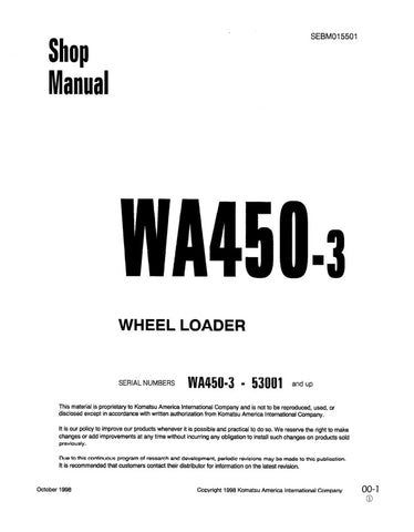 Unlock the full potential of your KOMATSU WA450-3 Wheel Loader with the comprehensive Shop Manual SEBM015501, available in a convenient PDF format. This essential resource provides detailed maintenance procedures, troubleshooting tips, and specifications tailored for models 53001 and up, ensuring you have the knowledge to keep your equipment running smoothly. With easy navigation and clear illustrations, this manual is perfect for both seasoned professionals and DIY enthusiasts looking to enhance their oper
