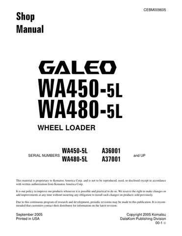 Unlock the full potential of your KOMATSU WA450-5L and WA480-5L wheel loaders with the comprehensive shop manual CEBM009605, available in a convenient PDF format. This essential resource provides detailed maintenance procedures, troubleshooting tips, and specifications tailored for models A36001 & UP and A37001 & UP. Enhance your operational efficiency and ensure your equipment runs smoothly with expert guidance at your fingertips. Perfect for mechanics and operators alike, this manual is a must-have for an