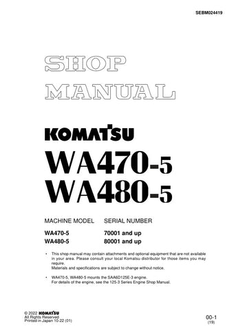Unlock the full potential of your Komatsu WA470-5 and WA480-5 with the comprehensive Shop Manual SEBM024419, available in a convenient PDF format. This essential resource provides detailed maintenance and repair instructions, ensuring your equipment operates at peak performance. With easy navigation and clear diagrams, you can quickly find the information you need to tackle any job confidently. Perfect for both seasoned professionals and DIY enthusiasts, this manual is your go-to guide for keeping your mach