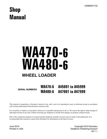 Unlock the full potential of your KOMATSU WA470-6 and WA480-6 wheel loaders with the comprehensive shop manual CEBM007102, available in a convenient PDF format. This essential resource provides detailed maintenance procedures, troubleshooting tips, and specifications tailored for models A45001-A45999 and A47001-A47999. Enhance your operational efficiency and ensure your equipment runs smoothly with expert guidance at your fingertips. Perfect for technicians and operators alike, this manual is a must-have fo