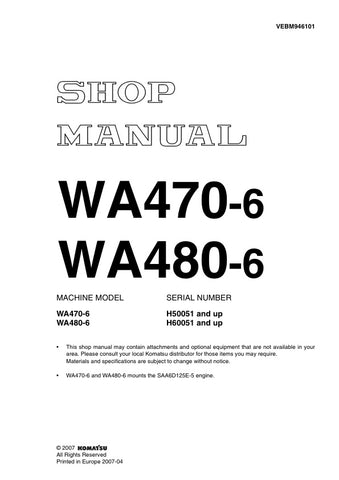 Unlock the full potential of your KOMATSU WA470-6 and WA480-6 with the comprehensive service manual (VEBM946101) in PDF format. This essential guide provides detailed instructions, diagrams, and troubleshooting tips specifically designed for models H50051 & UP and H60051 & UP. Whether you're a seasoned technician or a DIY enthusiast, this manual ensures you have the knowledge and resources to maintain and repair your equipment efficiently, minimizing downtime and maximizing productivity. Don't miss out on t