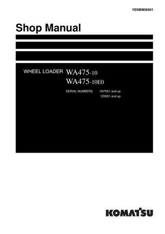 Unlock the full potential of your KOMATSU WA475-10 and WA475-10E0 Wheel Loader with the comprehensive VENBM56001 Shop Manual. This PDF file is an essential resource for operators and technicians, providing detailed insights into maintenance, troubleshooting, and repair procedures. With clear diagrams and step-by-step instructions, you can ensure optimal performance and longevity of your equipment. Invest in this manual today to enhance your operational efficiency and reduce downtime.