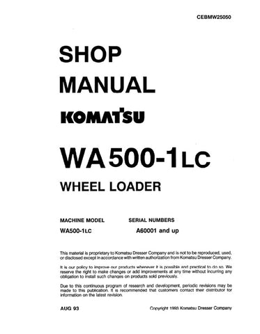 Enhance your maintenance and repair capabilities with the KOMATSU WA500-1LC A60001 & UP Wheel Loader Shop Manual (CEBDW25050) in PDF format. This comprehensive manual provides detailed insights into the operation, troubleshooting, and servicing of your wheel loader, ensuring you have the right information at your fingertips. With easy navigation and clear illustrations, this digital resource is perfect for both seasoned professionals and DIY enthusiasts looking to keep their equipment running smoothly. Inve