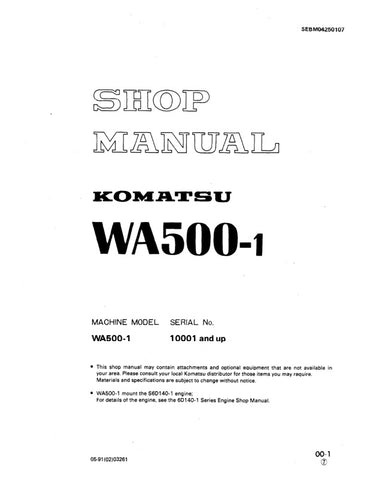 Unlock the full potential of your KOMATSU WA500-1 with the comprehensive Shop Manual SEBM04250107, designed specifically for models 10001 and up. This PDF file is an essential resource for technicians and operators alike, providing detailed insights into maintenance, troubleshooting, and repair procedures. With clear diagrams and step-by-step instructions, you can ensure optimal performance and longevity of your equipment. Invest in this invaluable manual today and keep your KOMATSU WA500-1 running smoothly