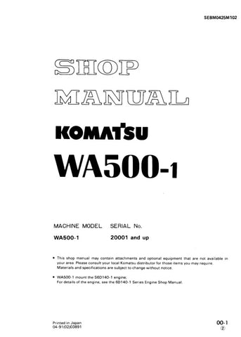 Unlock the full potential of your KOMATSU WA500-1 with the comprehensive Shop Manual SEBM0425M102, designed specifically for models 20001 and up. This PDF file is an essential resource for technicians and operators alike, providing detailed insights into maintenance, troubleshooting, and repair procedures. With clear diagrams and step-by-step instructions, you can ensure optimal performance and longevity of your equipment. Invest in this invaluable manual today and keep your machinery running smoothly and e