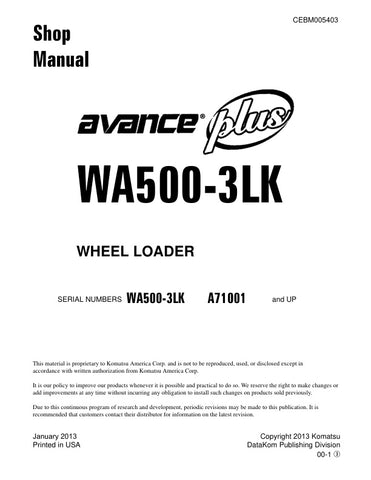 Enhance your maintenance and repair capabilities with the KOMATSU WA500-3LK A71001 & UP Wheel Loader Shop Manual (CEBM005403) in PDF format. This comprehensive manual provides detailed instructions, diagrams, and specifications essential for efficient servicing of your wheel loader. With easy navigation and clear illustrations, you can quickly troubleshoot issues and perform repairs, ensuring your equipment operates at peak performance. Invest in this invaluable resource to save time and reduce downtime, ma
