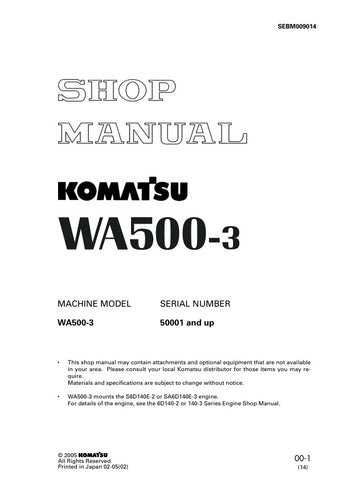 Unlock the full potential of your KOMATSU WA500-3 with the comprehensive Shop Manual SEBM009014, designed specifically for models 50001 and up. This PDF file is an essential resource for technicians and operators alike, providing detailed insights into maintenance, troubleshooting, and repair procedures. With clear diagrams and step-by-step instructions, you can ensure optimal performance and longevity of your equipment. Invest in this invaluable manual today and keep your KOMATSU WA500-3 running smoothly f