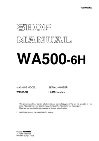  Unlock the full potential of your KOMATSU WA500-6H with the comprehensive SHOP MANUAL VEBM430100, designed specifically for models H60051 and up. This PDF file is an essential resource for technicians and operators alike, providing detailed insights into maintenance, troubleshooting, and repair procedures. With easy navigation and clear illustrations, you can ensure your equipment runs smoothly and efficiently, minimizing downtime and maximizing productivity. Invest in this invaluable manual today and keep