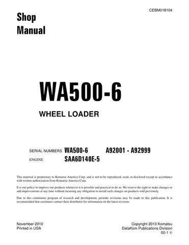 Unlock the full potential of your KOMATSU WA500-6 Wheel Loader with the comprehensive shop manual (CEBM018104) in PDF format. This essential resource covers models A92001-A92999, providing detailed insights into maintenance, troubleshooting, and repair procedures. With easy navigation and clear illustrations, this manual ensures you can keep your equipment running smoothly and efficiently, saving you time and money on costly repairs. Invest in your machinery's longevity and performance today!