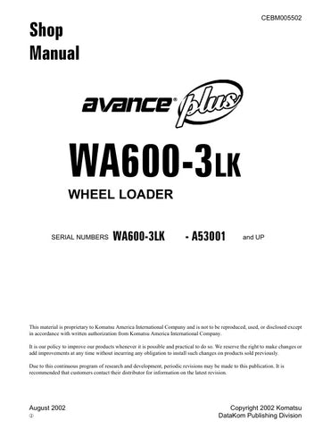 Enhance your maintenance and repair capabilities with the KOMATSU WA600-3LK A53001 & UP Wheel Loader Shop Manual (CEBM005502) in PDF format. This comprehensive manual provides detailed instructions, diagrams, and specifications essential for efficient servicing and troubleshooting of your wheel loader. With easy navigation and clear illustrations, you can quickly access the information you need to keep your equipment running smoothly and minimize downtime. Invest in this invaluable resource to ensure optima