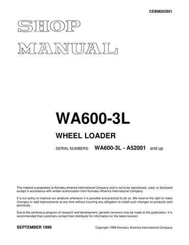 Enhance your maintenance and repair capabilities with the KOMATSU WA600-3L A52001 & UP Wheel Loader Shop Manual (CEBM002801) in PDF format. This comprehensive manual provides detailed instructions, diagrams, and specifications essential for efficient servicing of your wheel loader. With easy navigation and a user-friendly layout, you can quickly find the information you need to keep your equipment running smoothly and minimize downtime. Invest in this invaluable resource to ensure optimal performance and lo