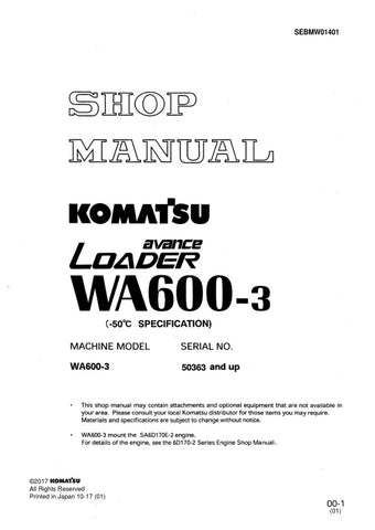 Unlock the full potential of your KOMATSU WA600-3 with the comprehensive SHOP MANUAL SEBMW01401, available as a convenient PDF file. This essential resource provides detailed insights into maintenance, troubleshooting, and repair procedures, ensuring your equipment operates at peak performance. With easy navigation and clear illustrations, this manual is designed for both seasoned professionals and DIY enthusiasts, making it an invaluable addition to your toolkit. Don't miss the opportunity to enhance your 