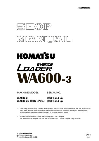 Enhance your maintenance capabilities with the KOMATSU WA600-3, WA600-3D Service Manual (SEBM013213) in PDF format. This comprehensive guide is essential for operators and technicians, providing detailed instructions, diagrams, and troubleshooting tips specifically for models 50001 and up. With easy navigation and clear visuals, you can ensure optimal performance and longevity of your equipment, making it a must-have resource for efficient service and repair. Download your copy today and keep your machinery