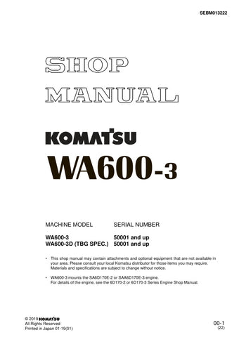 Unlock the full potential of your KOMATSU WA600-3 and WA600-3D with the comprehensive SHOP MANUAL SEBM013222, available in a convenient PDF format. This essential guide, designed for models 50001 and up, provides detailed insights into maintenance, troubleshooting, and repair procedures, ensuring your equipment operates at peak performance. With easy navigation and clear illustrations, this manual is an invaluable resource for both seasoned professionals and DIY enthusiasts, helping you save time and reduce