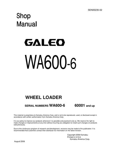 Unlock the full potential of your KOMATSU WA600-6 Wheel Loader with the comprehensive Shop Manual SEN00235-02, designed specifically for models 60001 and up. This PDF file is an essential resource for operators and technicians, providing detailed information on maintenance, troubleshooting, and repair procedures. With clear diagrams and step-by-step instructions, you can ensure optimal performance and longevity of your equipment, making it a must-have for anyone looking to enhance their operational efficien