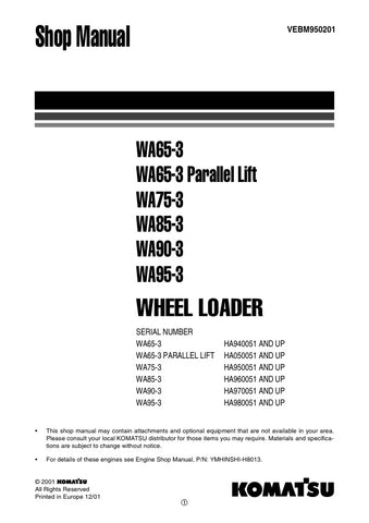  Unlock the full potential of your KOMATSU WA65-3, WA75-3, WA85-3, WA90-3, and WA95-3 wheel loaders with the comprehensive SHOP MANUAL VEBM950201 in PDF format. This essential resource provides detailed maintenance guidelines, troubleshooting tips, and repair procedures, ensuring your equipment operates at peak performance. With easy navigation and clear illustrations, this manual is designed for both seasoned professionals and DIY enthusiasts, making it an invaluable addition to your toolkit. Don't miss th