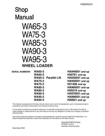 Unlock the full potential of your KOMATSU WA65-3, WA75-3, WA85-3, WA90-3, and WA95-3 wheel loaders with the comprehensive SHOP MANUAL VEBM950201, available in a convenient PDF format. This essential guide provides detailed maintenance procedures, troubleshooting tips, and technical specifications to ensure your equipment operates at peak performance. With easy navigation and clear illustrations, this manual is an invaluable resource for both seasoned professionals and DIY enthusiasts, helping you save time 