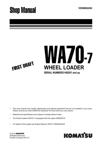 Unlock the full potential of your KOMATSU WA70-7 Wheel Loader with the comprehensive shop manual VENBM02000, available in a convenient PDF format. This essential resource provides detailed information on maintenance, troubleshooting, and repair procedures, ensuring your equipment operates at peak performance. With easy navigation and clear illustrations, this manual is designed for both seasoned professionals and DIY enthusiasts, making it an invaluable addition to your toolkit. Don't miss the opportunity t