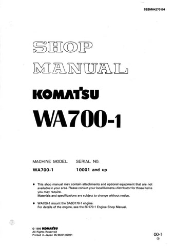 Unlock the full potential of your KOMATSU WA700-1 with the comprehensive Shop Manual SEBM04270104, designed specifically for models 10001 and up. This PDF file is an essential resource for technicians and operators alike, providing detailed insights into maintenance, troubleshooting, and repair procedures. With clear diagrams and step-by-step instructions, you can ensure optimal performance and longevity of your equipment. Invest in this invaluable manual today and keep your KOMATSU WA700-1 running smoothly
