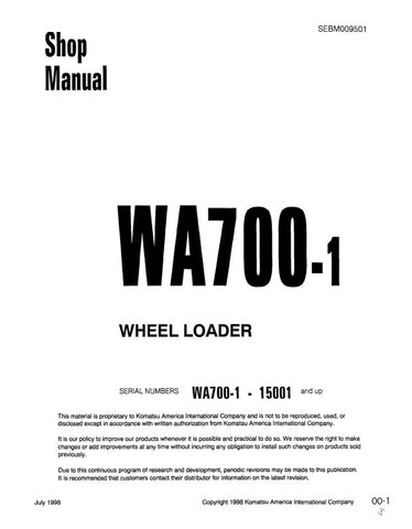 Discover the ultimate resource for maintaining your KOMATSU WA700-1 Wheel Loader with the comprehensive Shop Manual SEBM009501. This PDF file is designed specifically for models 15001 and up, providing you with detailed insights and technical specifications to keep your equipment running smoothly.