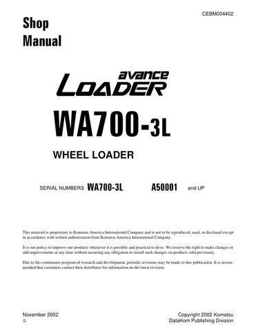 Enhance your maintenance and repair capabilities with the KOMATSU WA700-3L A50001 & UP Wheel Loader Shop Manual (CEBM004402) in PDF format. This comprehensive manual provides detailed insights into the operation, troubleshooting, and servicing of your wheel loader, ensuring optimal performance and longevity. With easy navigation and clear illustrations, you can quickly find the information you need to keep your equipment running smoothly. Invest in this essential resource today and empower your team with th