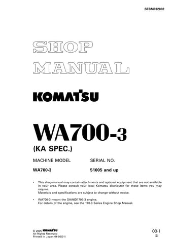 Unlock the full potential of your KOMATSU WA700-3 with the comprehensive Shop Manual SEBM032802, designed specifically for models 51005 and up. This PDF file is an essential resource for technicians and operators alike, providing detailed insights into maintenance, troubleshooting, and repair procedures. With clear diagrams and step-by-step instructions, you can ensure optimal performance and longevity of your equipment. Invest in this invaluable manual today and keep your machinery running smoothly and ef