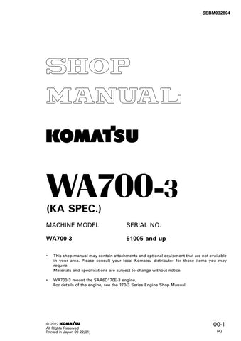  Unlock the full potential of your KOMATSU WA700-3 with the comprehensive SHOP MANUAL SEBM032804, designed for models 51005 and up. This PDF file is an essential resource for operators and technicians, providing detailed insights into maintenance, troubleshooting, and repair procedures. With clear diagrams and step-by-step instructions, you can ensure optimal performance and longevity of your equipment. Invest in this manual today to enhance your operational efficiency and reduce downtime.
