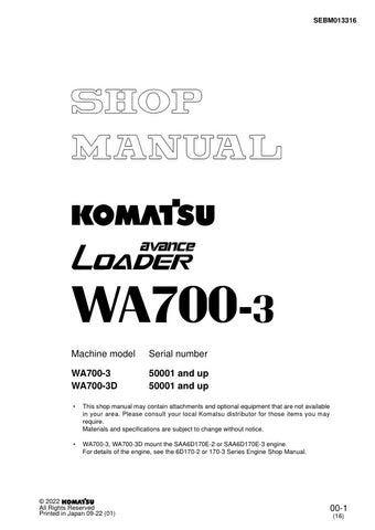 Unlock the full potential of your KOMATSU WA700-3 and WA700-3D with the comprehensive SHOP MANUAL SEBM013316, available as a convenient PDF file. This essential resource provides detailed insights into maintenance, troubleshooting, and repair procedures, ensuring your equipment operates at peak performance. With easy navigation and clear illustrations, this manual is designed for both seasoned professionals and DIY enthusiasts, making it an invaluable addition to your toolkit. Don't miss the opportunity to 