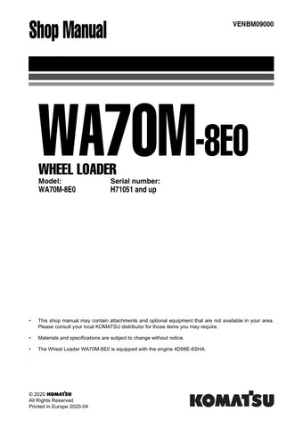 Discover the ultimate resource for maintaining your KOMATSU WA70M-8E0 Wheel Loader with the comprehensive shop manual VENBM09000. This PDF file is designed specifically for models H71051 and up, providing you with detailed insights and instructions to keep your equipment running smoothly.