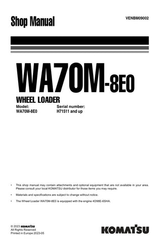 Unlock the full potential of your KOMATSU WA70M-8E0 Wheel Loader with the comprehensive Shop Manual VENBM09002, available in a convenient PDF format. This essential guide provides detailed insights into maintenance, troubleshooting, and repair procedures, ensuring your equipment operates at peak performance. With easy navigation and clear illustrations, this manual is an invaluable resource for both seasoned professionals and DIY enthusiasts, helping you save time and reduce downtime. Invest in your machine