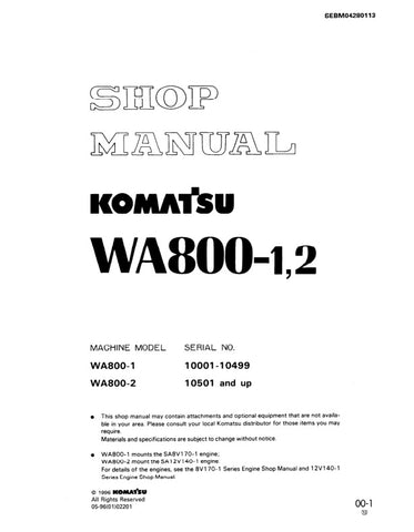 Unlock the full potential of your KOMATSU WA800-1 and WA800-2 with the comprehensive SHOP MANUAL SEBM04280113, available as a convenient PDF file. This essential resource provides detailed insights into maintenance, troubleshooting, and repair procedures, ensuring your equipment operates at peak performance. With easy navigation and clear illustrations, this manual is designed for both seasoned professionals and newcomers alike, making it an invaluable addition to your toolkit. Don't miss out on the opportu