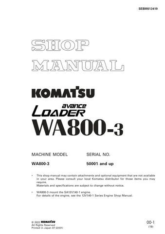 Unlock the full potential of your KOMATSU WA800-3 with the comprehensive Shop Manual SEBM013419, designed specifically for models 50001 and up. This PDF file is an essential resource for technicians and operators alike, providing detailed insights into maintenance, troubleshooting, and repair procedures. With clear diagrams and step-by-step instructions, you can ensure optimal performance and longevity of your equipment. Invest in this invaluable manual today and keep your KOMATSU WA800-3 running smoothly a