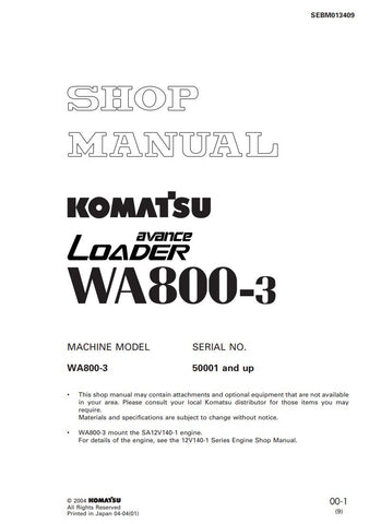 Unlock the full potential of your KOMATSU WA800-3 Wheel Loader with the comprehensive Shop Manual SEBM013409, available in a convenient PDF format. This essential guide provides detailed insights into maintenance, troubleshooting, and repair procedures, ensuring your equipment operates at peak performance. With easy navigation and clear illustrations, this manual is designed for both seasoned professionals and DIY enthusiasts, making it an invaluable resource for keeping your loader in top condition. Don't 