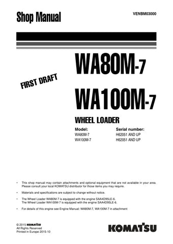 Unlock the full potential of your KOMATSU WA80M-7 and WA100M-7 wheel loaders with the comprehensive shop manual VENBM03000. This PDF file is an essential resource for operators and technicians, providing detailed insights into maintenance, troubleshooting, and repair procedures. With clear illustrations and step-by-step instructions, you can ensure optimal performance and longevity of your equipment. Invest in this manual today to enhance your operational efficiency and reduce downtime.