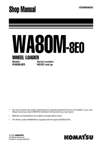 Unlock the full potential of your KOMATSU WA80M-8E0 Wheel Loader with the comprehensive Shop Manual (VENBM08000) in PDF format. This essential resource provides detailed insights into maintenance, troubleshooting, and repair procedures, ensuring your equipment operates at peak performance. With easy navigation and clear illustrations, this manual is designed for both seasoned professionals and DIY enthusiasts, making it an invaluable addition to your toolkit. Don't miss the opportunity to enhance your opera