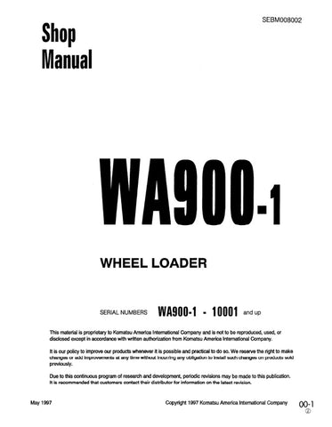 Unlock the full potential of your KOMATSU WA900-1 Wheel Loader with the comprehensive Shop Manual SEBM008002, available in a convenient PDF format. This essential resource provides detailed insights into maintenance, troubleshooting, and repair procedures, ensuring your equipment operates at peak performance. With easy navigation and clear illustrations, this manual is designed for both seasoned professionals and DIY enthusiasts, making it an invaluable addition to your toolkit. Don't miss the opportunity t