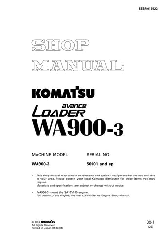Unlock the full potential of your KOMATSU WA900-3 with the comprehensive Shop Manual SEBM013522, designed specifically for models 50001 and up. This PDF file is an essential resource for technicians and operators alike, providing detailed insights into maintenance, troubleshooting, and repair procedures. With clear diagrams and step-by-step instructions, you can ensure optimal performance and longevity of your equipment. Invest in this invaluable manual today and keep your KOMATSU WA900-3 running smoothly a