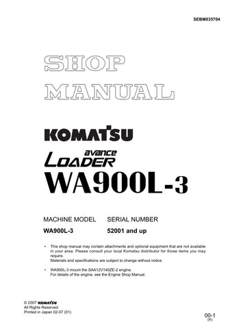  Unlock the full potential of your KOMATSU WA900L-3 with the comprehensive Service Manual SEBM035704, designed specifically for models 52001 and up. This PDF file is an essential resource for technicians and operators alike, providing detailed instructions, troubleshooting tips, and maintenance guidelines to ensure optimal performance and longevity of your equipment. With easy navigation and clear diagrams, you can quickly find the information you need to keep your machine running smoothly. Invest in this 