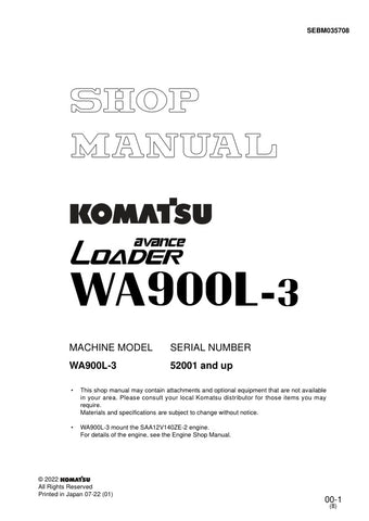 Unlock the full potential of your KOMATSU WA900L-3 with the comprehensive Shop Manual SEBM035708, designed for models 52001 and up. This PDF file is an essential resource for technicians and operators alike, providing detailed insights into maintenance, troubleshooting, and repair procedures. With clear diagrams and step-by-step instructions, you can ensure optimal performance and longevity of your equipment, making it a must-have for anyone looking to enhance their operational efficiency. Don't miss out on