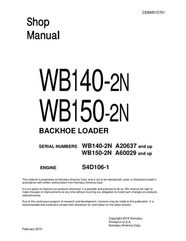 Unlock the full potential of your KOMATSU WB140-2N and WB150-2N backhoe loaders with the comprehensive shop manual (CEBM012701) in PDF format. This essential resource provides detailed diagrams, maintenance tips, and troubleshooting guidance, ensuring you can keep your equipment running smoothly and efficiently. Perfect for both seasoned professionals and DIY enthusiasts, this manual is your go-to guide for maximizing performance and minimizing downtime. Download now and take the first step towards enhanced