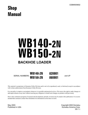Unlock the full potential of your KOMATSU WB140-2N and WB150-2N backhoe loaders with the comprehensive shop manual (CEBM009802) in PDF format. This essential resource, designed for models A20001 & UP and A60001 & UP, provides detailed insights into maintenance, troubleshooting, and repair procedures, ensuring your equipment operates at peak performance. With easy navigation and clear illustrations, this manual is a must-have for both professionals and DIY enthusiasts looking to enhance their knowledge and e