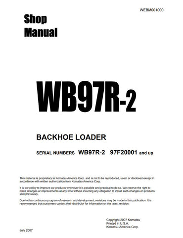 Unlock the full potential of your KOMATSU WB97R-2 backhoe loader with the comprehensive SHOP MANUAL (WEBM001000) in PDF format. This essential guide, designed for models 97F20001 and up, provides detailed schematics, maintenance tips, and troubleshooting advice to keep your equipment running smoothly. With easy navigation and clear instructions, this manual is an invaluable resource for both seasoned professionals and DIY enthusiasts, ensuring you can tackle any repair or maintenance task with confidence. D
