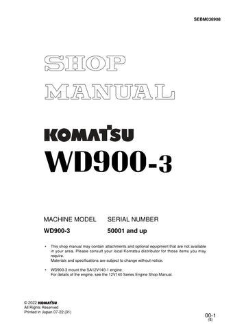  Unlock the full potential of your KOMATSU WD900-3 with the comprehensive SHOP MANUAL SEBM036908, designed specifically for models 50001 and up. This PDF file is an essential resource for technicians and operators alike, providing detailed insights into maintenance, troubleshooting, and repair procedures. With clear diagrams and step-by-step instructions, you can ensure optimal performance and longevity of your equipment. Invest in this manual today to enhance your operational efficiency and keep your machi
