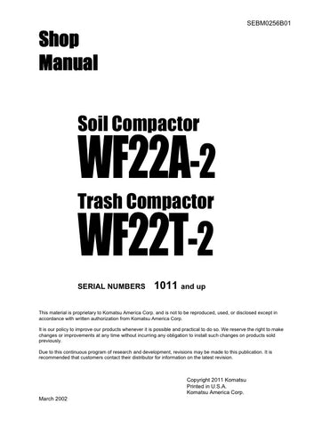Enhance your maintenance capabilities with the KOMATSU WF22A-2, WF22T-2 Soil/Trash Compactor Shop Manual (SEBM0256B01) in PDF format. This comprehensive guide is designed for models 1011 and up, providing detailed instructions, diagrams, and troubleshooting tips to ensure optimal performance and longevity of your equipment. With easy navigation and instant access, this manual is an essential resource for professionals looking to streamline repairs and maintenance, ultimately saving time and reducing downtim