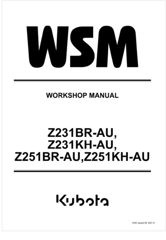Unlock the full potential of your KUBOTA mower with the comprehensive workshop manual (9Y111-22201) for models Z231BR-AU, Z231KH-AU, Z251BR-AU, and Z251KH-AU. This PDF file is an essential resource for both novice and experienced users, providing detailed instructions, maintenance tips, and troubleshooting guidance to keep your mower running smoothly. With easy navigation and clear diagrams, you'll have everything you need at your fingertips to ensure optimal performance and longevity of your equipment. Don