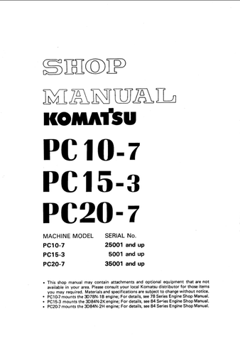 Komatsu PC10-7, PC15-3, PC20-7 Hydraulic Excavator Shop Manual - PDF File Download