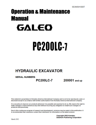 Komatsu PC200LC-7 Excavator Operation & Maintenance Manual S/N 200001-UP - PDF File Download