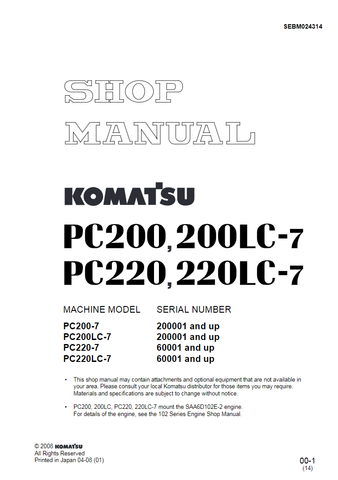 Komatsu PC200LC-7 Excavator Shop Service Repair Manual S/N 200001-UP - PDF File Download