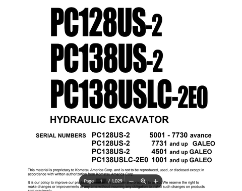 Komatsu PC138USLC-2 Excavator Shop Service Repair Manual PDF S/N 1001-UP